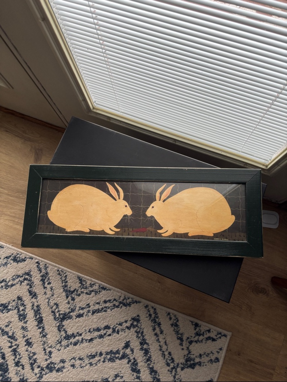 Vintage Warren Kimble Two Rabbits Framed in Forrest Green
